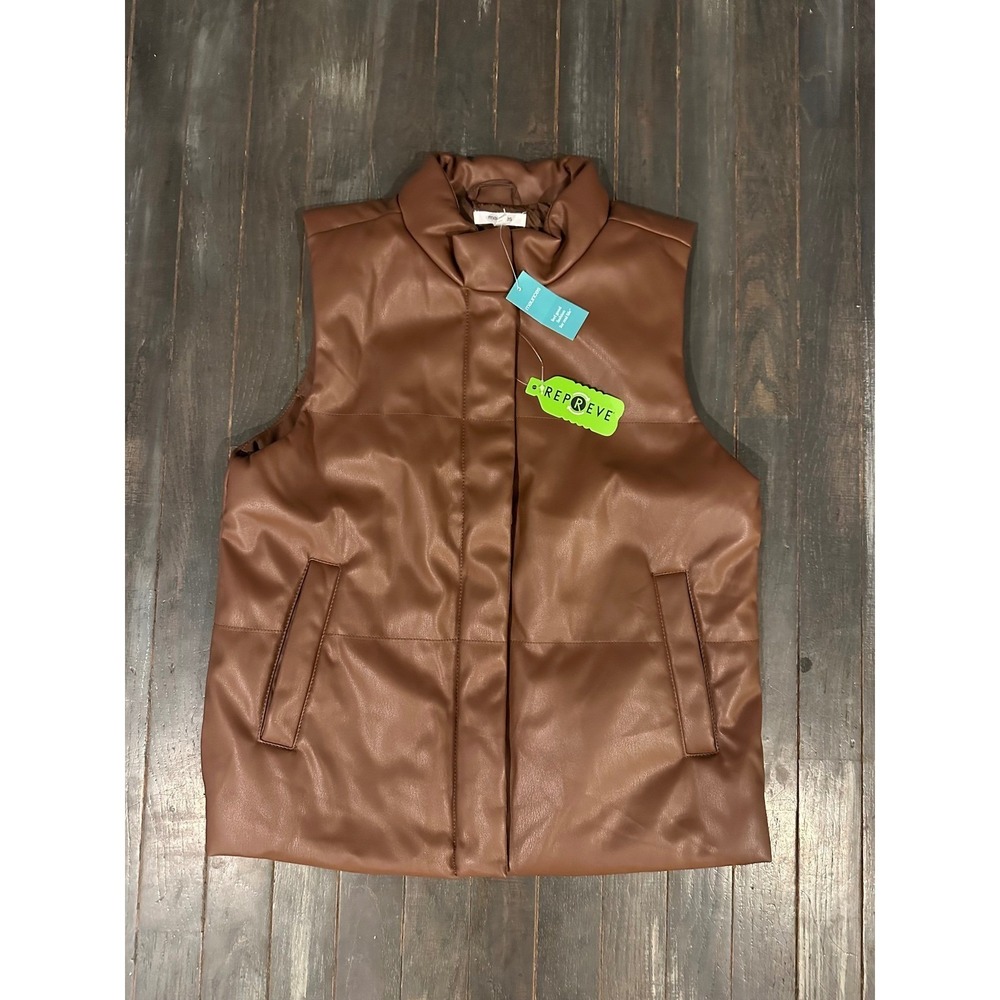 Maurices Faux Leather Puffer Vest Brown Cognac Vegan Zip Front Repreve NWT